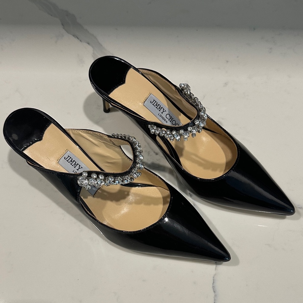 Jimmy Choo Black Patent Leather Mules with Crystal Straps - Picture 3 of 9
